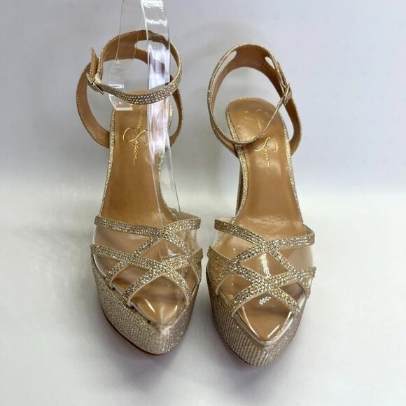Jessica Simpson Oluina Platform Pump Size 9.5 Embellished Gold 5" Heel - Picture 2 of 16
